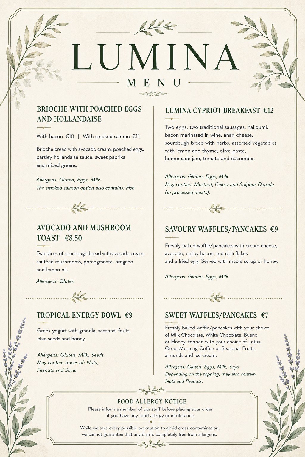 Lumina Tea House menu